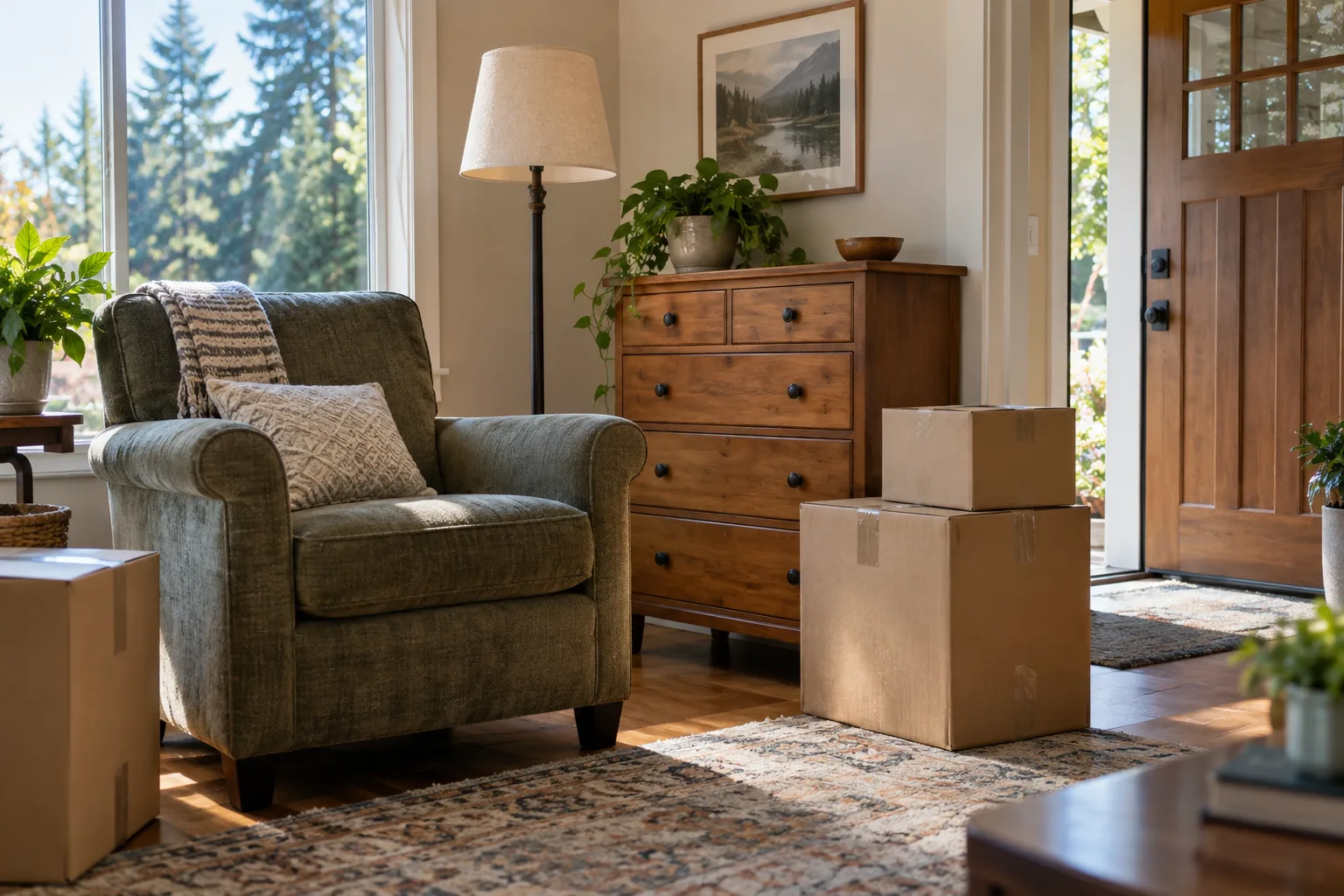 Illustrative gently used furniture and boxes near a front door