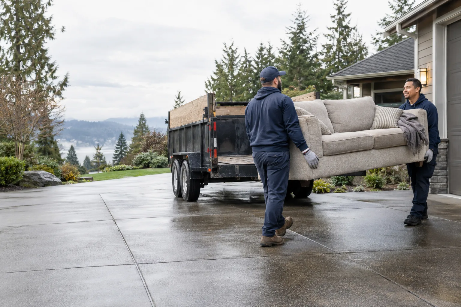 Illustrative scene of two professional workers carrying a sofa toward an unbranded trailer