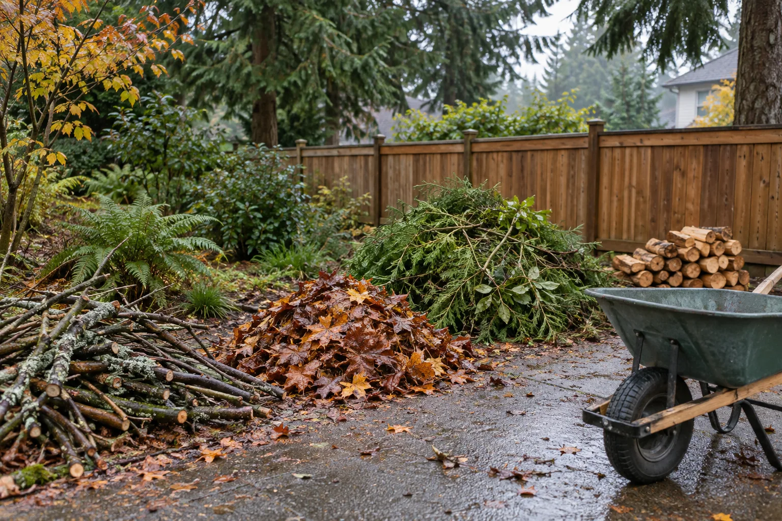 Illustrative yard debris sorted by material